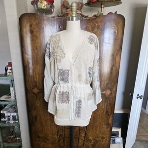 Johnny Was Cream and Brown Button Down Shirt